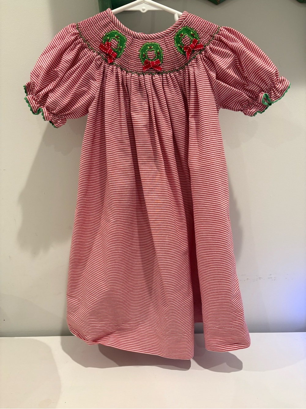 Silly Goose Red Striped Smocked Dress with Christmas Wreaths